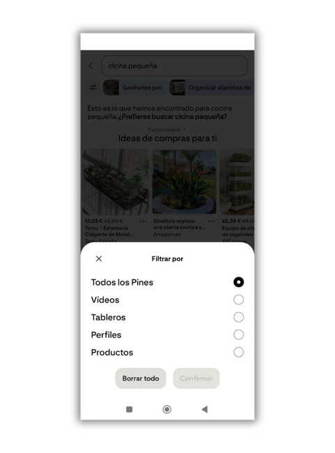 filtrer recherche app pinterest