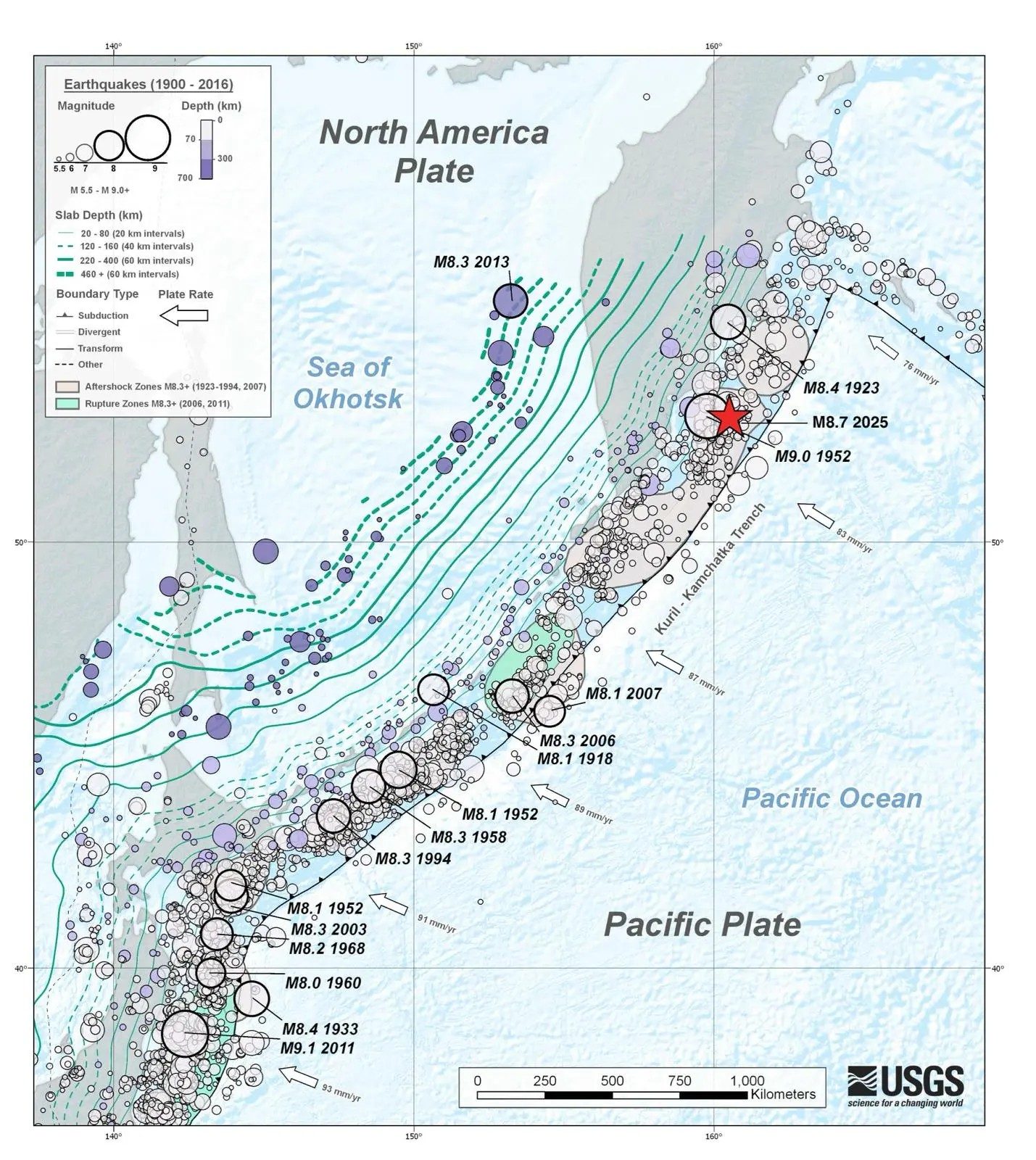 Tremblements de terre historiques en Kamchatka. Crédit : USGS