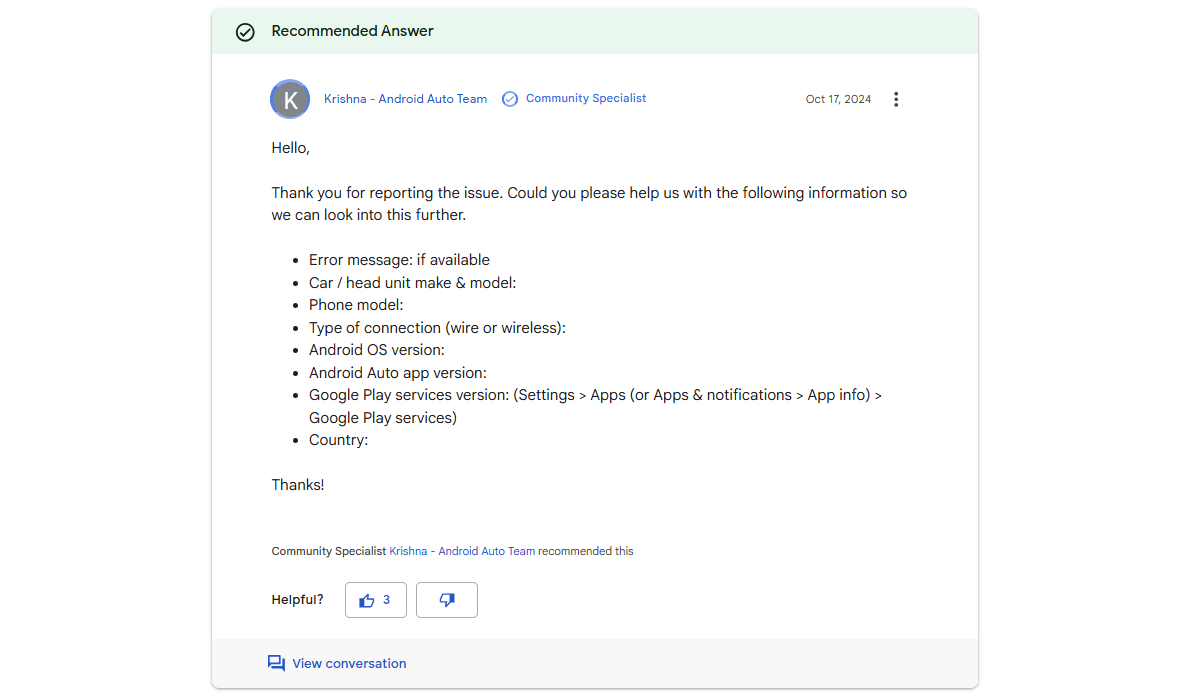 Réponse de l'équipe de Google au problème signalé par les utilisateurs.