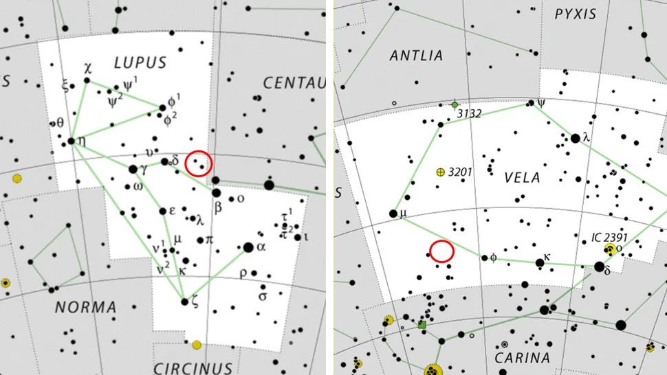 Deuxième étoile explosée en quelques jours, une incroyable coïncidence astronomique désormais visible depuis la Terre 2 Positions approximatives (cercles rouges) de la nova V462 Lupi, dans la constellation du Loup (à gauche), et de la nova V572 Velorum, dans la constellation des Voiles (à droite) / Crédit : IAU/SkyTelescope/Wikipedia