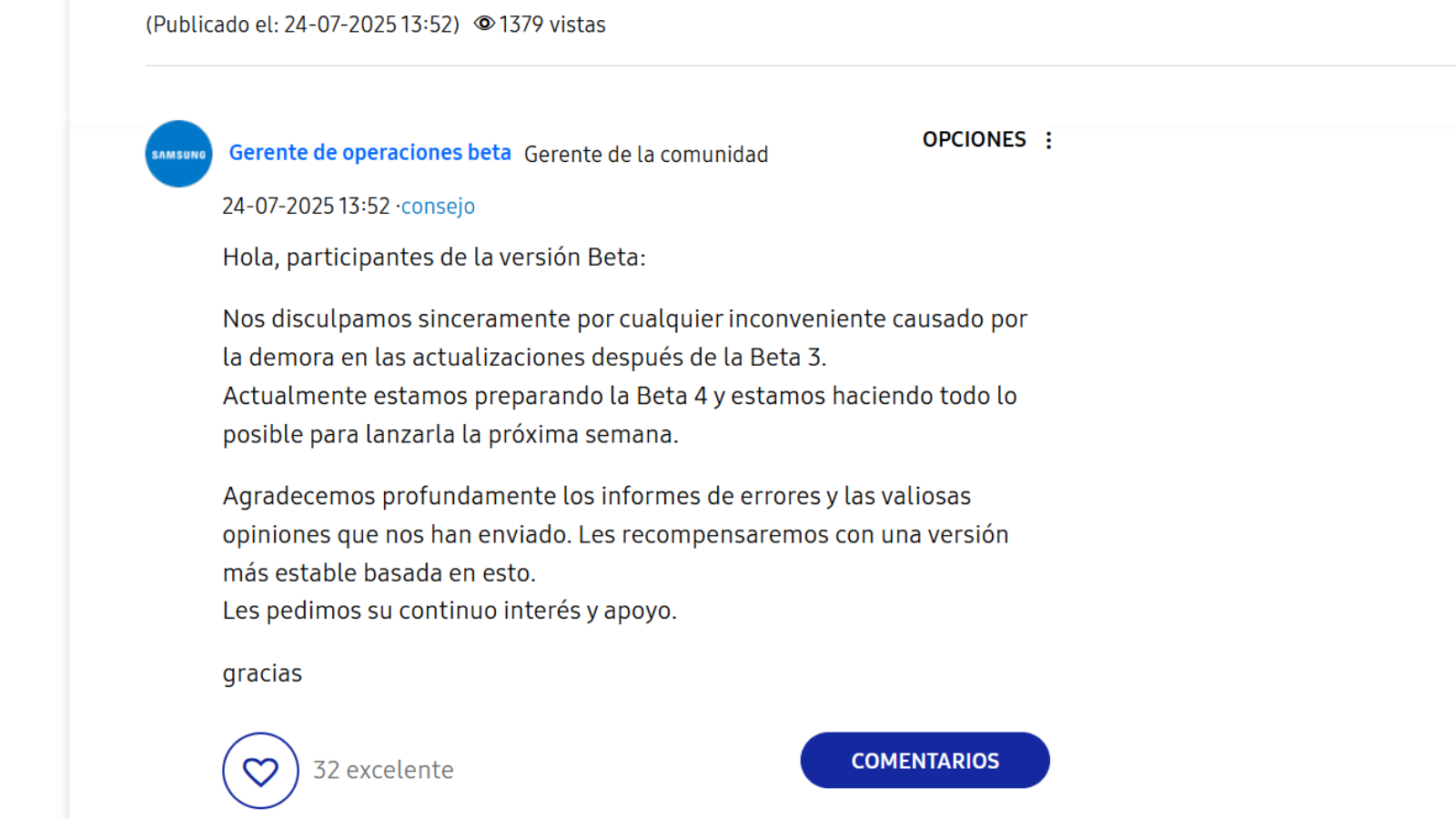 One UI 8, de plus en plus proche de tous les mobiles Samsung 2 Comunidad Samsung disculpas por el retraso de la beta