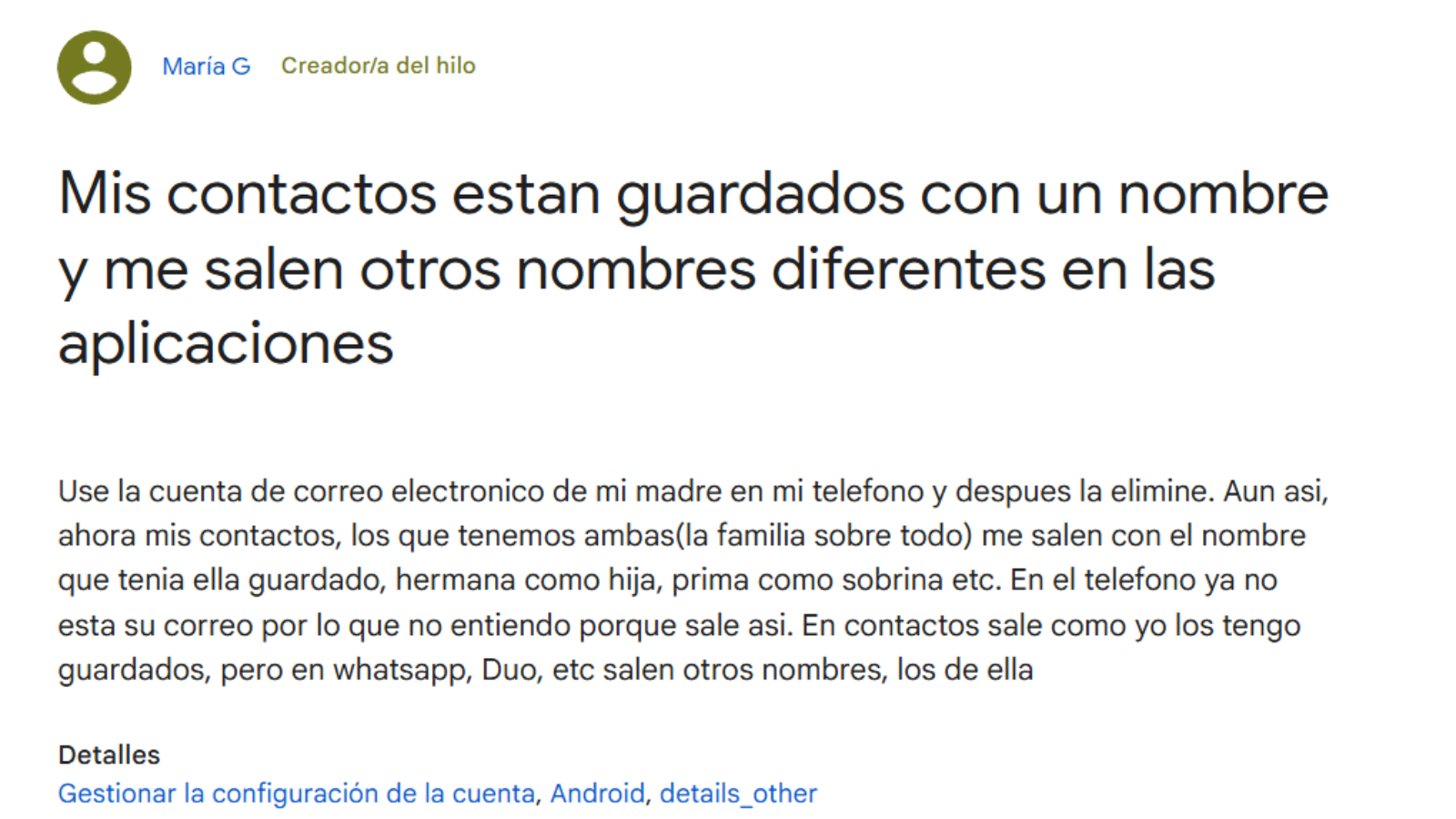Pourquoi le nom de mes contacts a-t-il été modifié ? 2 Capture du Support de Google concernant le problème de changement de nom des contacts