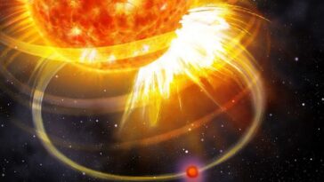 Un autre monde est en train de s'autodétruire (et ce n'est pas la Terre) : le cas de HIP 67522 b 22 Illustration du système HIP 67522, où le planète HIP 67522 b (en rouge) envoie une onde d'énergie le long des lignes du champ magnétique vers son étoile, provoquant un puissant sursaut / Crédits : Danielle Futselaar