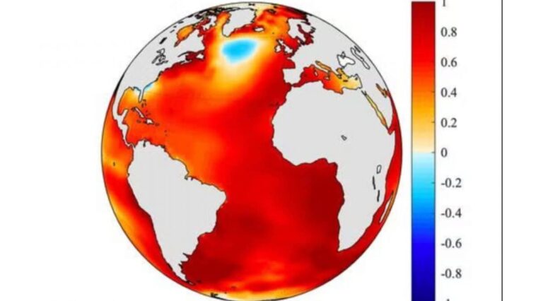 Une masse d'eau froide résiste toujours au réchauffement de l'océan : comment est-ce possible ? 1 UNIVERSITE’ DELLA CALIFORNIA, RIVERSIDE | Tendance de la température superficielle du mer Atlantique, 1900–2005 en °C