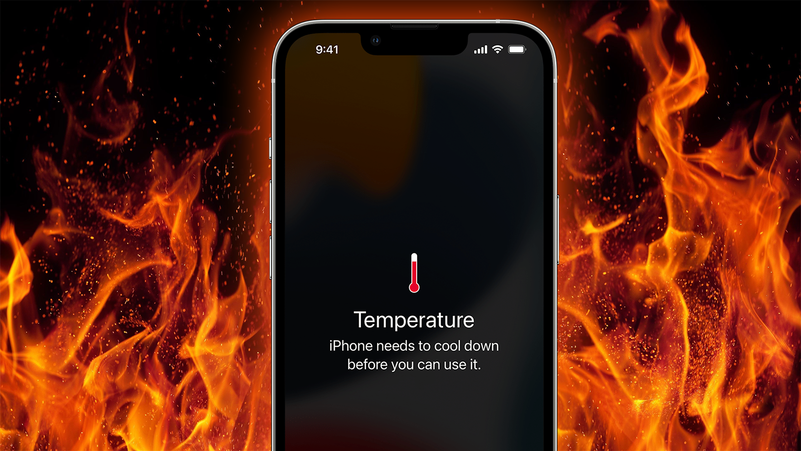 Des centaines d'iPhones en panne, impossible de les allumer 5 iPhone avec message de chaleur sur fond de feu.