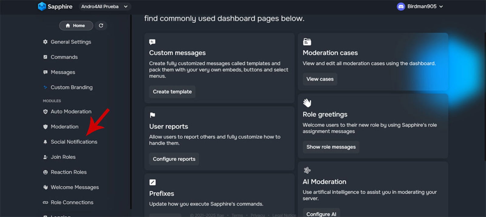 Comment paramétrer des notifications automatiques de réseaux sociaux sur Discord étape par étape 6 Accéder aux paramètres du bot Sapphire