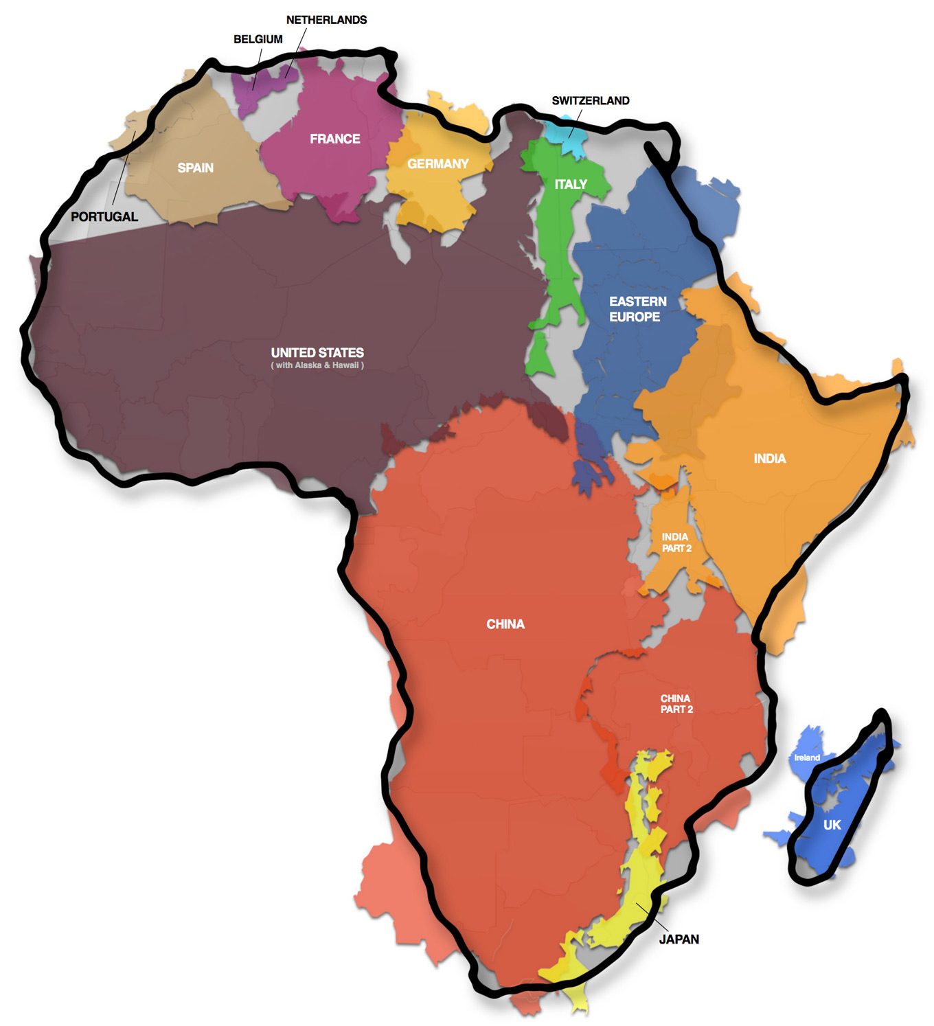 Pourquoi l'Afrique réclame-t-elle une nouvelle vision de la carte du monde que nous connaissons ? 4 Les vraies dimensions de l'Afrique / Crédit : Kai Krause
