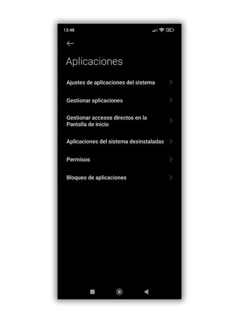 Menu applications pour accéder aux permissions