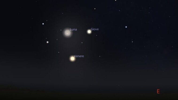 Entre le 19 et le 20 août, un spectacle céleste éclatant : comment et quand observer la danse entre la Lune, Vénus et Jupiter 1 Le splendide baiser entre la Lune, Vénus et Jupiter lors de la nuit du 19 au 20 août 2025. Crédit : Stellarium