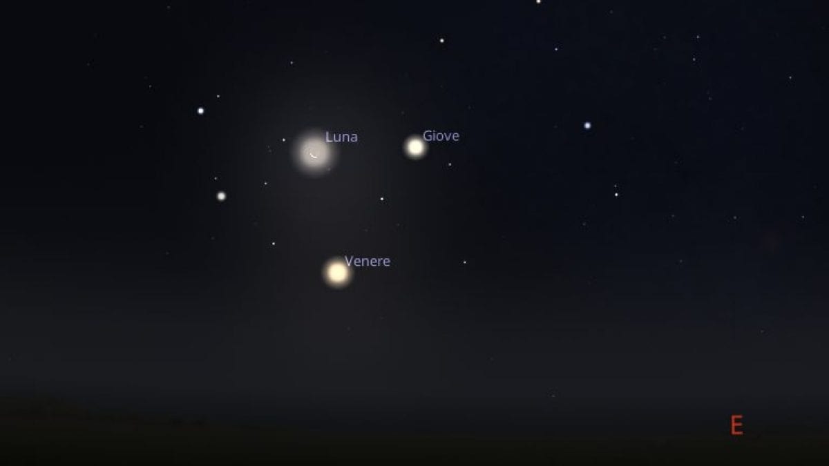 Entre le 19 et le 20 août, un spectacle céleste éclatant : comment et quand observer la danse entre la Lune, Vénus et Jupiter 2 Le splendide baiser entre la Lune, Vénus et Jupiter lors de la nuit du 19 au 20 août 2025. Crédit : Stellarium