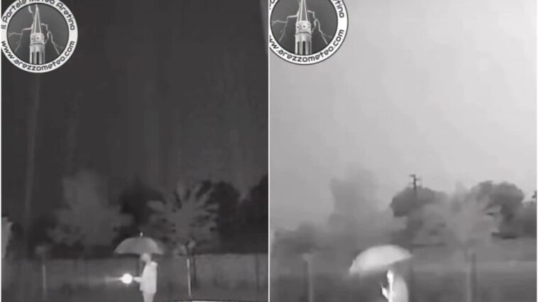 Sortir sous l'orage avec un parapluie ouvert : pourquoi c'est risqué 1 FACEBOOK | Capture d'écran de la vidéo publiée par la page Arezzo Meteo