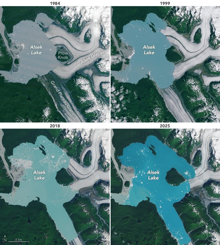 Aux États-Unis, une nouvelle île vient d'émerger, sans lien avec les volcans : les images saisissantes de la NASA 3 Le retrait du glacier Alsek au fil du temps. Crédit : Earth Observatory/NASA