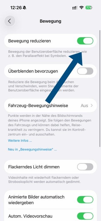 iOS 26 : Comment désactiver le Liquid Glass facilement 6 Réduire le mouvement Liquid Glass