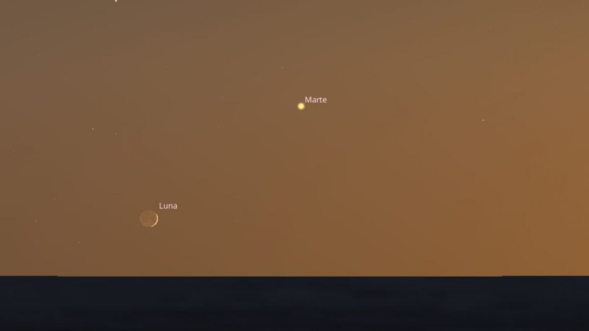 Demain 24 septembre, le baiser furtif de Mars sous le croissant de Lune : à quelle heure l'observer 2 Le baiser entre la Lune et Mars du 24 septembre. Crédit : Stellarium