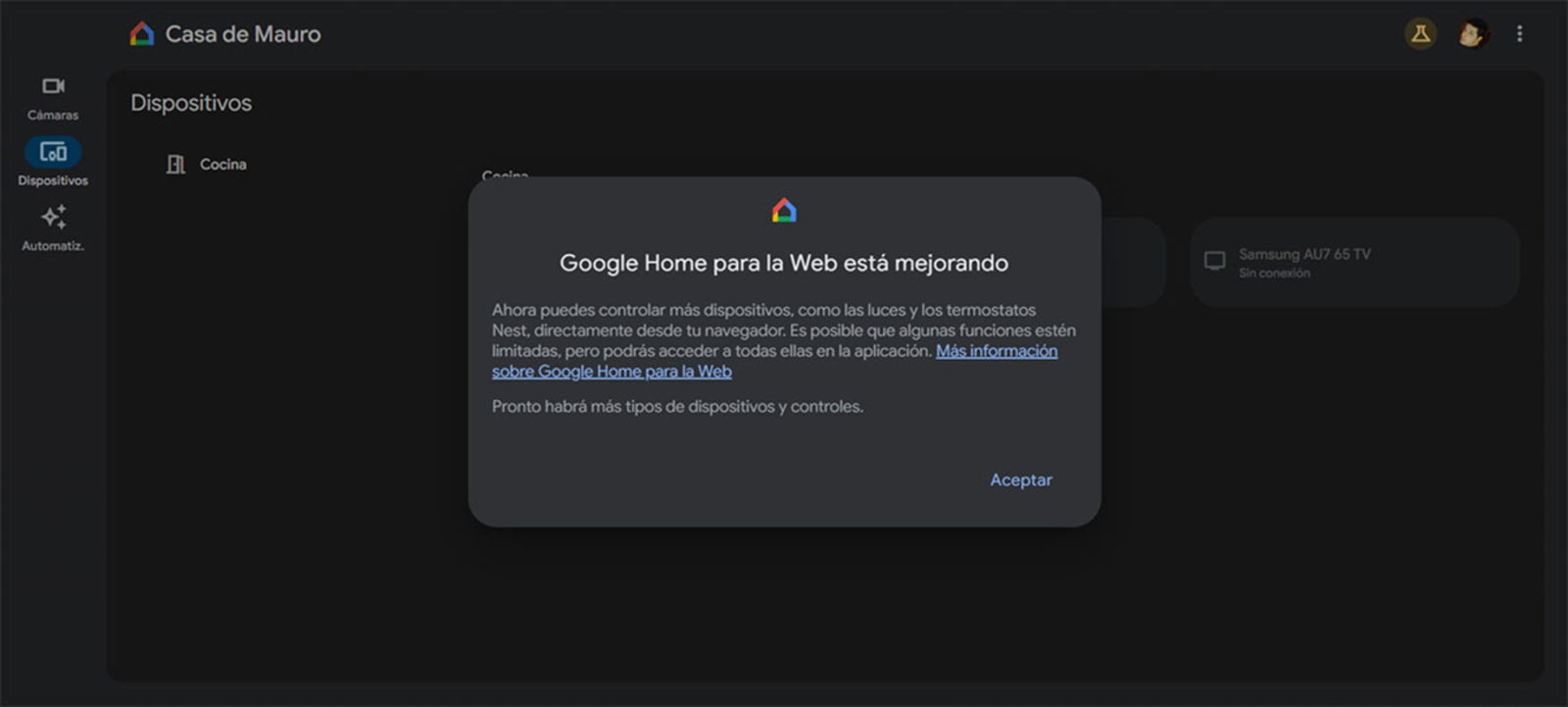 Nouveautés dans la version web de Google Home