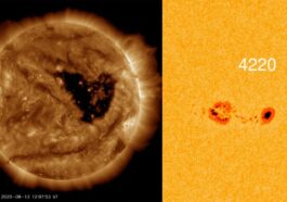 À gauche, le trou coronale; à droite, la tache solaire anormale. Crédit : NASA SDO