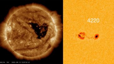Une étrange tache solaire menace d'exploser, accompagnée d'un immense cœur sur le Soleil 5 À gauche, le trou coronale; à droite, la tache solaire anormale. Crédit : NASA SDO