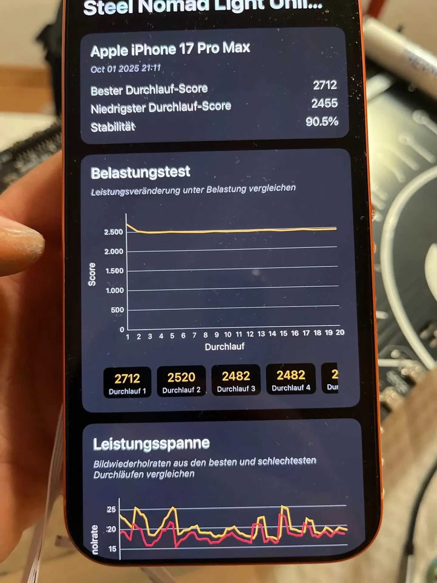 Un utilisateur a installé des dissipateurs de chaleur sur un iPhone 17 Pro Max pour le refroidir plus vite 3 Test de performance 3D Mark