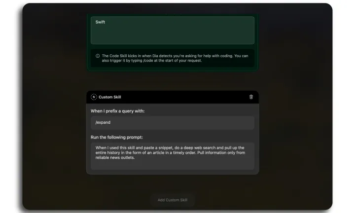 Mon remplaçant préféré de Chrome et Safari est maintenant largement disponible pour macOS 3 Création d'une compétence dans le navigateur Dia.