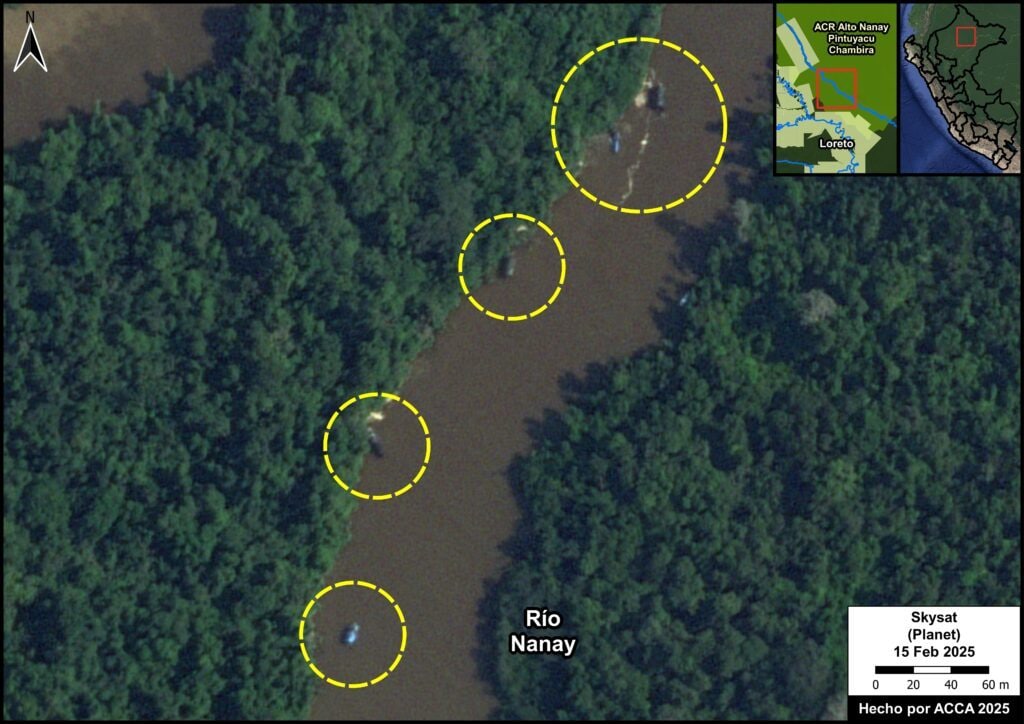 L'or noir d'Amazonie : que se passe-t-il dans la plus grande forêt du monde ? 3 Dragues minières identifiées dans le fleuve Nanay, dans la région de Loreto, au nord du Pérou / crédit: MAAP