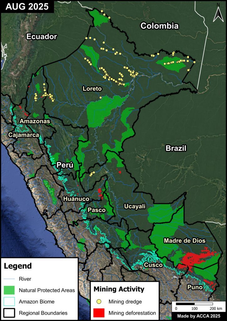 L'or noir d'Amazonie : que se passe-t-il dans la plus grande forêt du monde ? 4 Carte mise à jour en 2025 sur l’exploitation de l'or dans l'Amazonie péruvienne / Crédit: MAAP