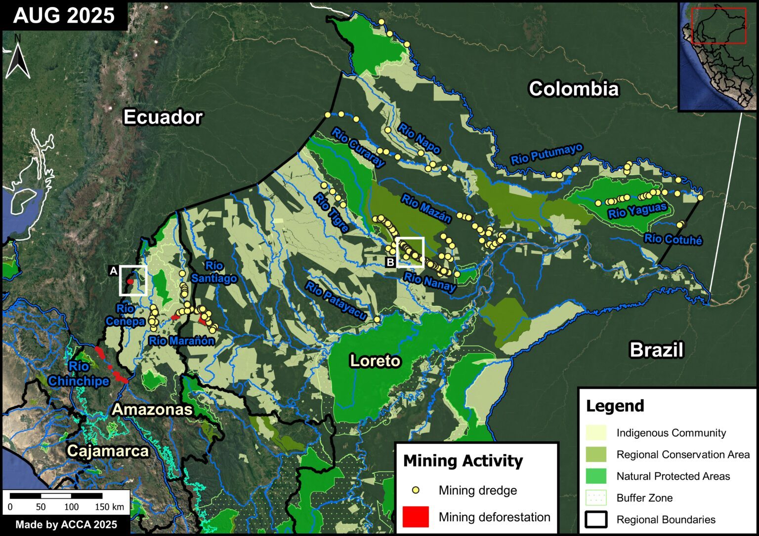 L'or noir d'Amazonie : que se passe-t-il dans la plus grande forêt du monde ? 7 Carte de l’exploitation de l'or dans l'Amazonie péruvienne septentrionale / Crédit: MAAP