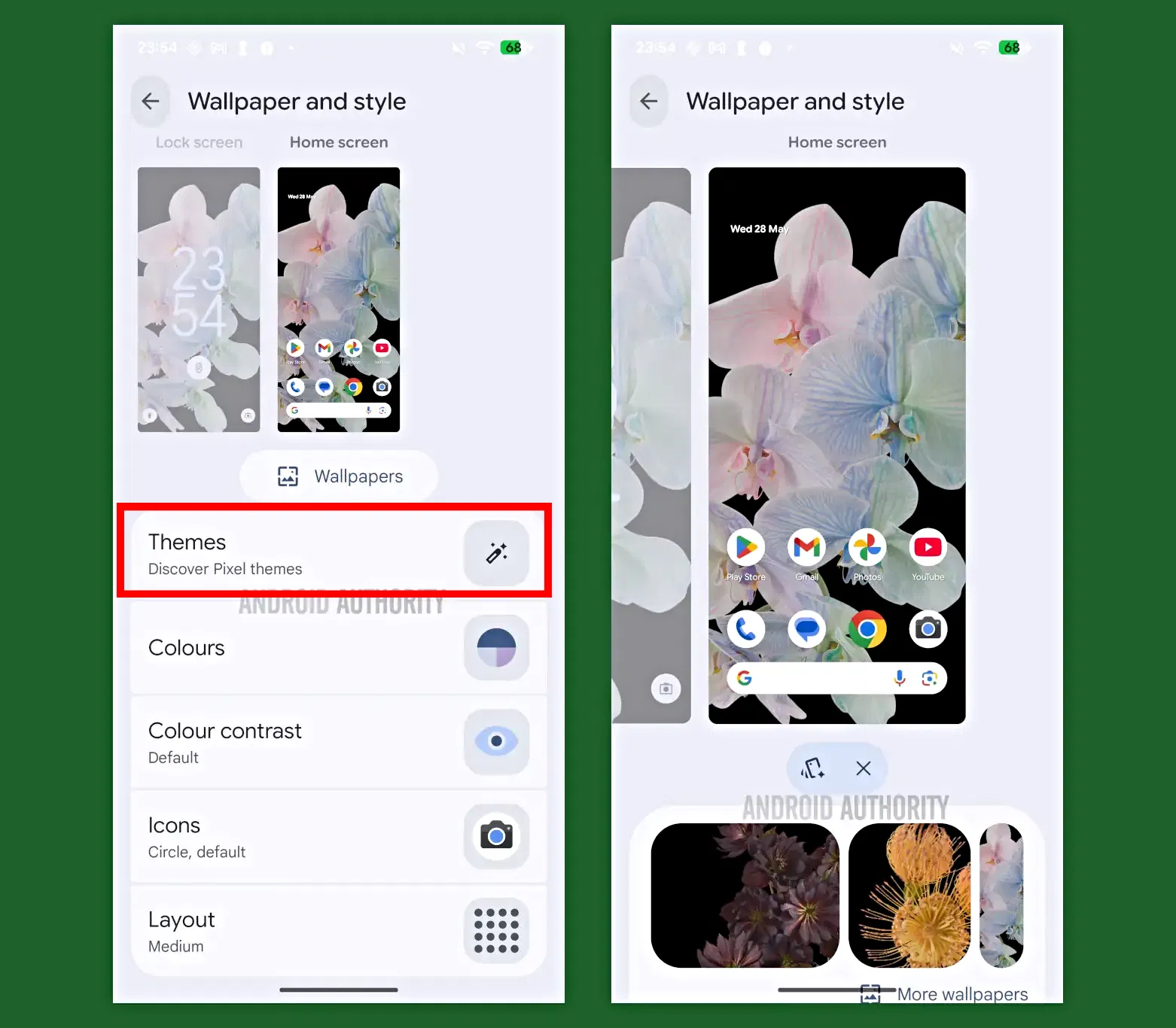 La nouvelle section 'Thèmes' dans l'application 'Fonds d'écran' des téléphones Google Pixel