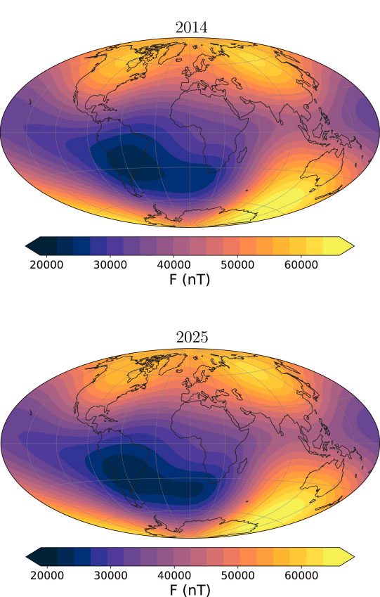 Le grand trou magnétique de l'Atlantique s'étend et change de position : quelles en sont les implications pour notre planète 3 Le changement de l’Anomalie du Sud Atlantique de 2014 à 2015 en nanoTesla (nT) / Crédit : CC Finlay, et al. Physics of the Earth and Planetary Interiors 2025