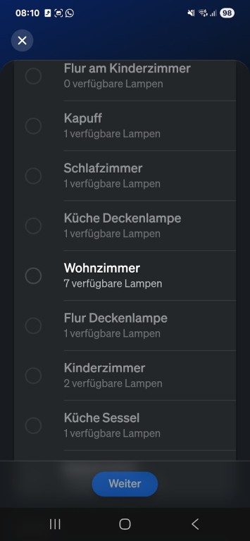 Hue MotionAware : Des lampes intelligentes qui détectent vos mouvements – découvrez leur fonctionnement 5 Sélectionnez la pièce ou la zone. Un nombre suffisant de lampes est requis. (Capture d'écran)
