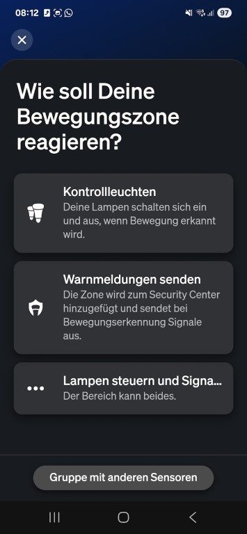 Hue MotionAware : Des lampes intelligentes qui détectent vos mouvements – découvrez leur fonctionnement 8 Sélectionnez ce qui se passe lors de la détection de mouvement. (Capture d'écran)