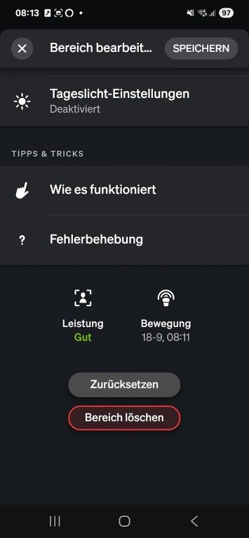 Hue MotionAware : Des lampes intelligentes qui détectent vos mouvements – découvrez leur fonctionnement 15 Astuce : Vous pouvez voir à quel point le signal est bon pour chaque zone de mouvement au bas des paramètres. (Capture d'écran)