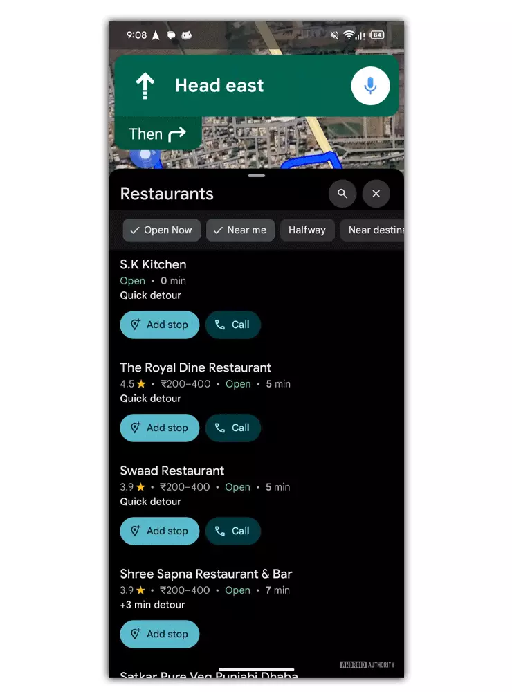 Google Maps ajoute un nouveau bouton pour trouver des stations-service, des restaurants et des cafés en cours de route 3 Listado posibles paradas Google Maps