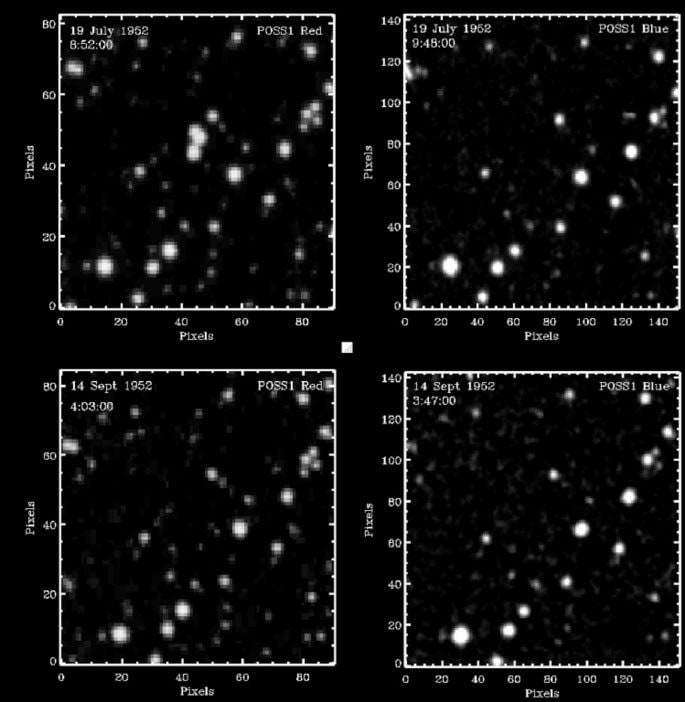 Lumières mystérieuses dans le ciel : des scientifiques établissent un lien entre essais nucléaires et observations d'OVNIs 3 Quatre images d'une région du ciel centrée sur le triple transient (trois flashs de lumière) identifié en juillet 1952. En haut à gauche, l'image du triple transient (juste au-dessus du centre) à de plus longues longueurs d'onde (rouge). En haut à droite: une image à de plus courtes longueurs d'onde (bleu) avec une exposition de 10 m de la même région, prise juste après sans aucune trace du triple transient. En bas à gauche et à droite: images prises deux mois après (14 septembre 1952) montrant le transient encore disparu / Credit: Scientific Report 2025