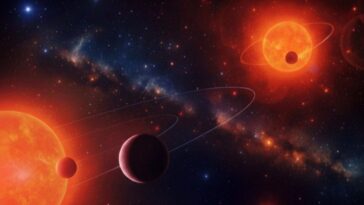 Illustration du système planétaire TOI–2267, avec trois planètes autour de deux étoiles. Crédit : Mario Sucerquia–Université de Grenoble Alpes