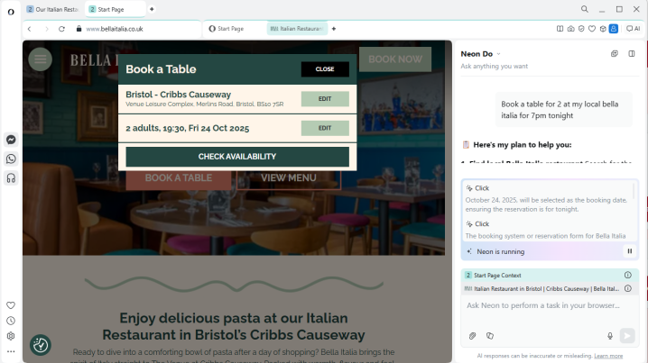 J'ai testé le navigateur AI d'Opera qui peut faire vos courses, réserver et même postuler à des emplois pour vous, et ce n'est pas encore à la hauteur de mes attentes 2 L'application Opera Neon réservant une table pour moi.