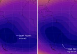 Le 'trou' magnétique, connu sous le nom d'Anomalie du Sud Atlantique, s'est élargi depuis 2014, se déplaçant vers l'Afrique / Crédit : ESA