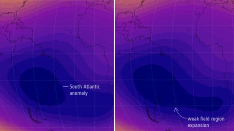 Le grand trou magnétique de l'Atlantique s'étend et change de position : quelles en sont les implications pour notre planète 1 Le 'trou' magnétique, connu sous le nom d'Anomalie du Sud Atlantique, s'est élargi depuis 2014, se déplaçant vers l'Afrique / Crédit : ESA