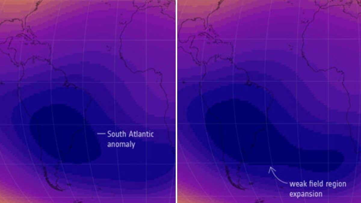 Le grand trou magnétique de l'Atlantique s'étend et change de position : quelles en sont les implications pour notre planète 2 Le 'trou' magnétique, connu sous le nom d'Anomalie du Sud Atlantique, s'est élargi depuis 2014, se déplaçant vers l'Afrique / Crédit : ESA
