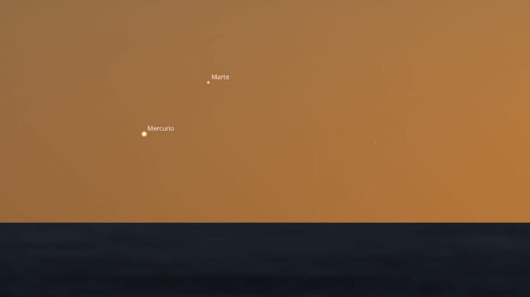Rencontre exceptionnelle entre Mars et Mercure dans le ciel du 21 octobre : à quelle heure et comment l'observer 1 Mercure et Mars à l'horizon occidental, peu après le coucher du soleil du 21 octobre. Crédit : Stellarium