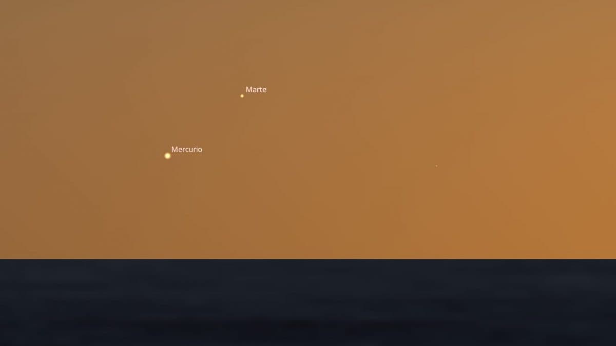 Rencontre exceptionnelle entre Mars et Mercure dans le ciel du 21 octobre : à quelle heure et comment l'observer 2 Mercure et Mars à l'horizon occidental, peu après le coucher du soleil du 21 octobre. Crédit : Stellarium