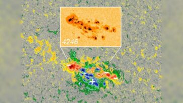Une immense et redoutable tache solaire pourrait exploser aujourd'hui 14 octobre : « Elle présente un risque potentiel » 14 La gigantesque et anormale macchia solare AR4246 qui peut exploser à tout moment. Crédit : NASA/SDO/spaceweather.com