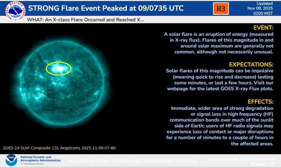 Éruption solaire intense : attentions et coupures de courant annoncées aujourd'hui et demain 3 Le flare de classe X 1.7 détecté par la NOAA. Crédit : NOAA