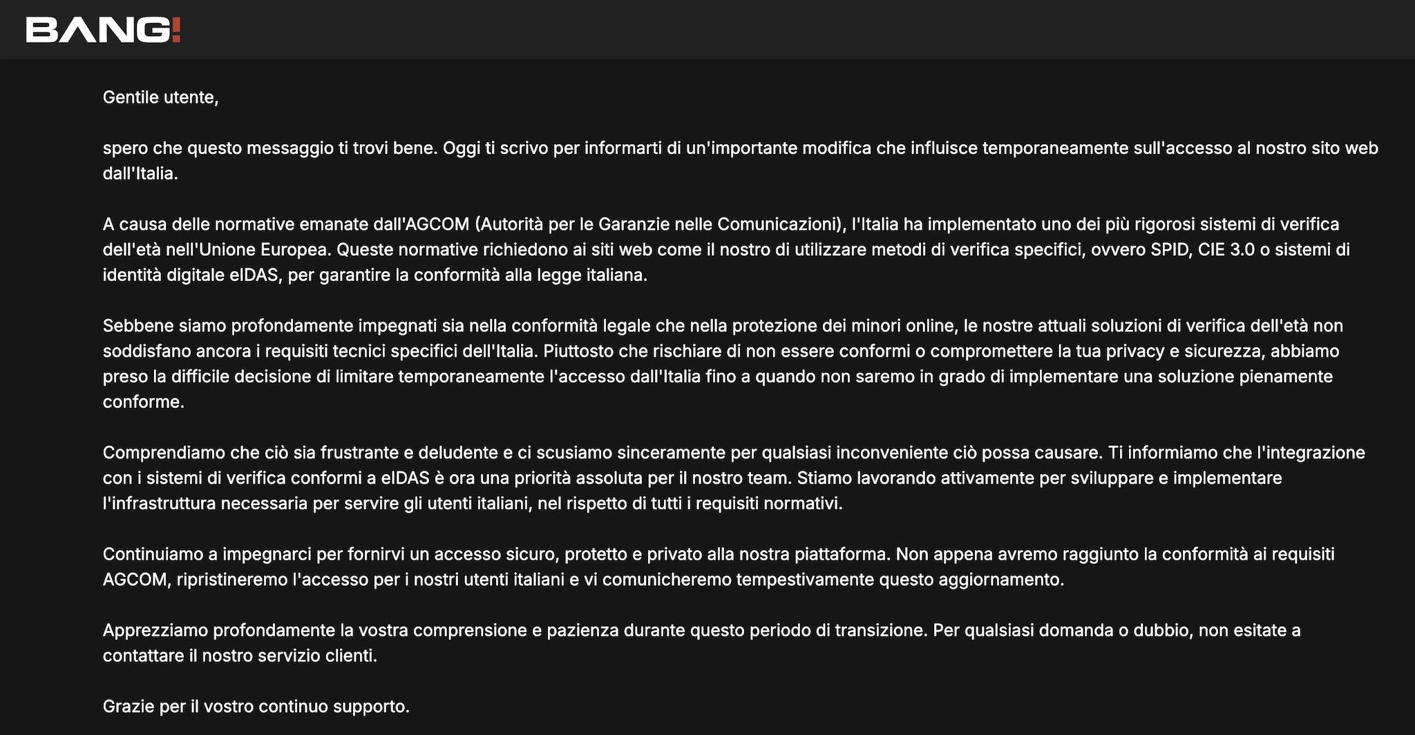 Aujourd'hui débute la vérification d'âge pour les sites pornographiques, mais seuls trois ont véritablement évolué : découvrez lesquels et comment ça fonctionne 3 Message du site pour adultes « Bang ! » annonçant la suspension temporaire de son service