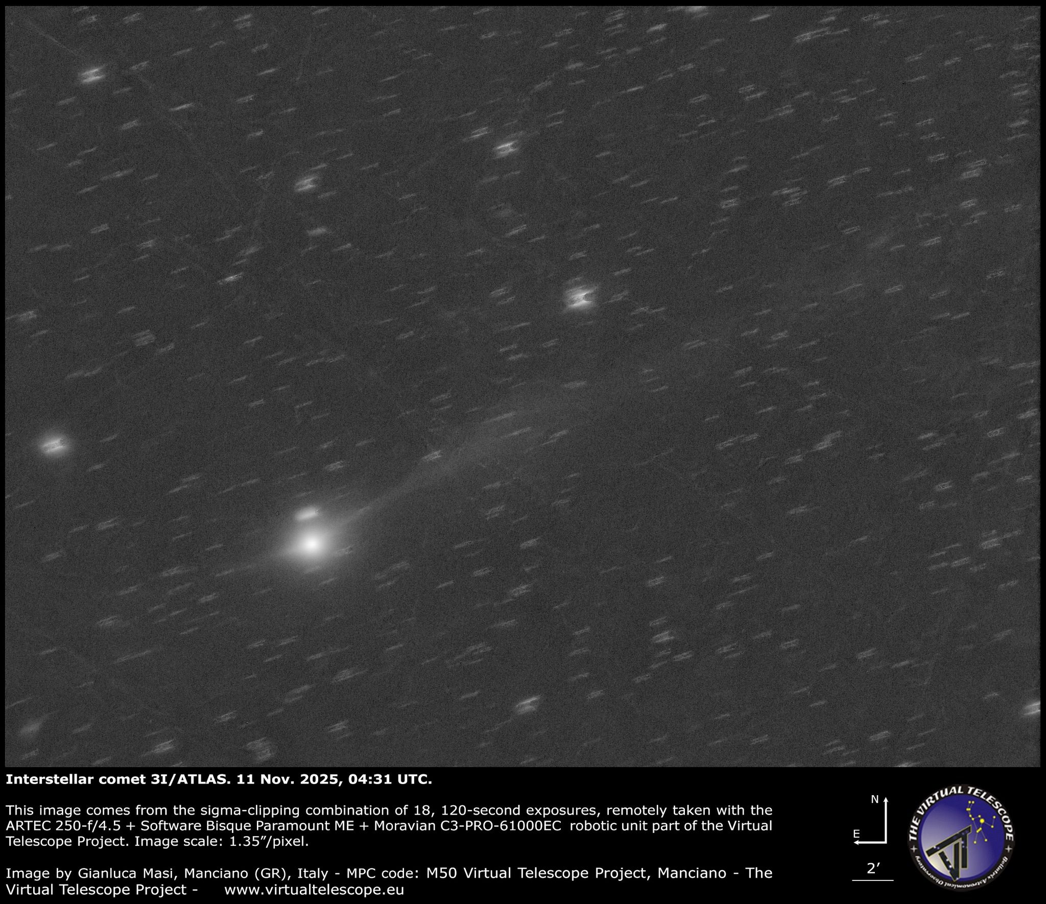 Le 19 novembre, suivez en direct 3I/ATLAS : à quelle heure et où observer la comète interstellaire 3 La comète interstellare 3I/ATLAS. Crédit : Gianluca Masi / Virtual Telescope Project