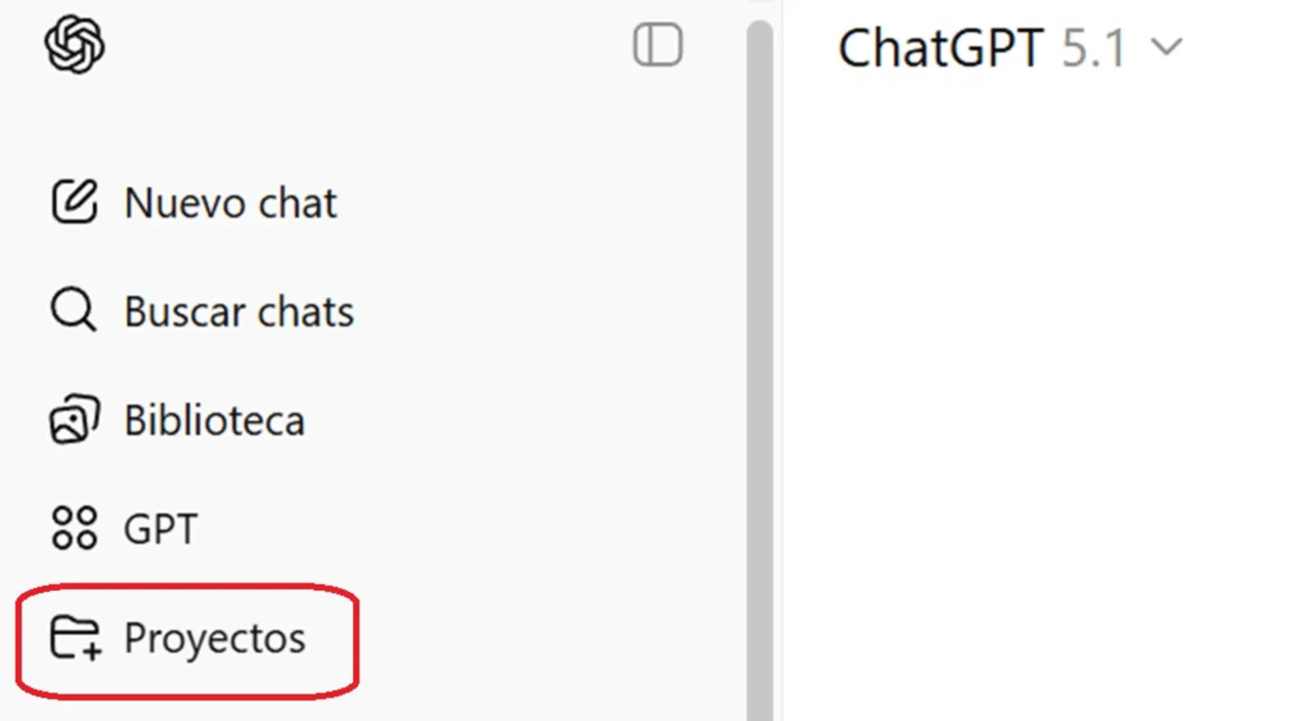 Capture d'écran de ChatGPT montrant l'option Projets dans ChatGPT