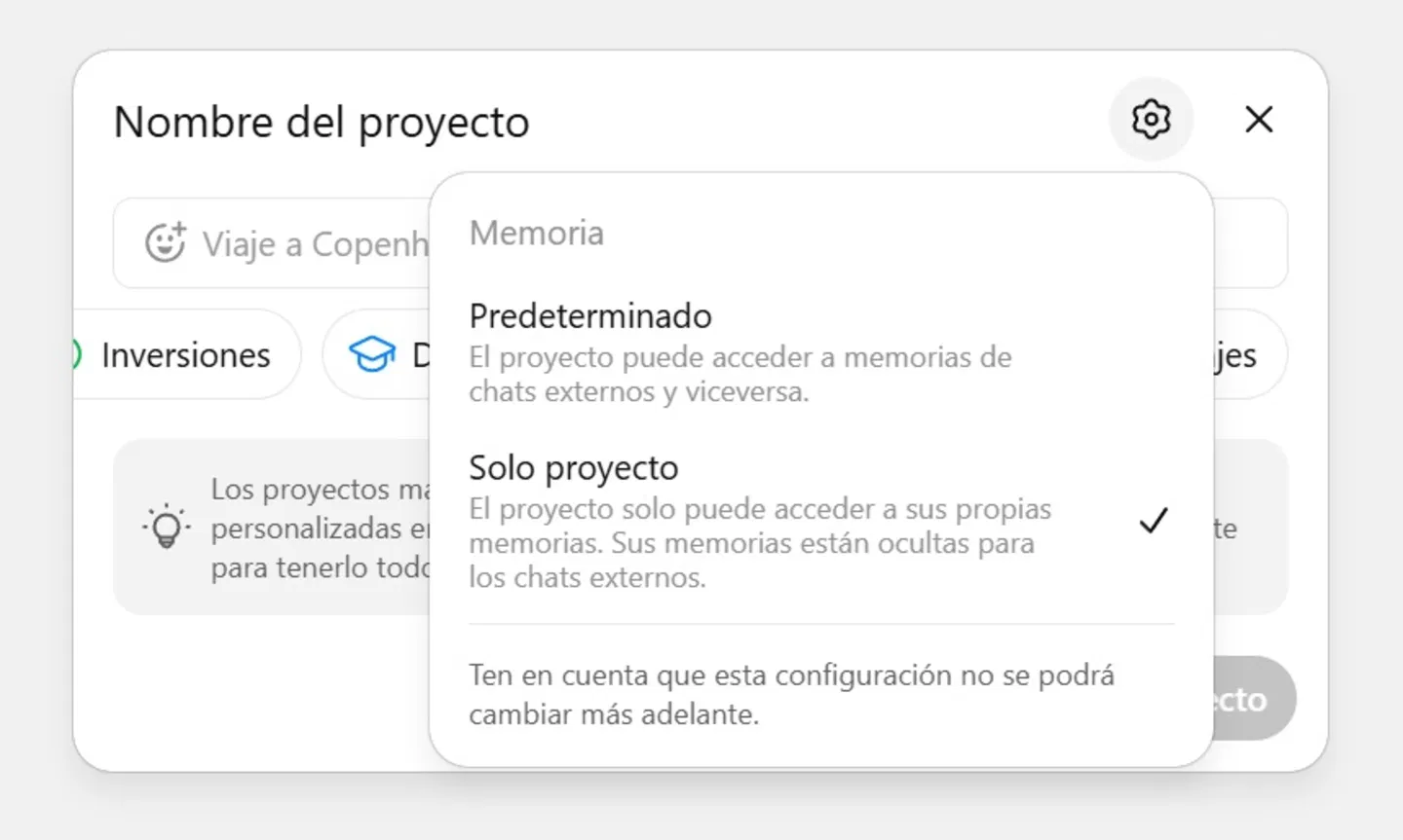 Capture d'écran de ChatGPT montrant comment configurer les projets dans ChatGPT : vous pouvez choisir si vous voulez que l'IA utilise la mémoire du projet ou celle de toutes vos conversations