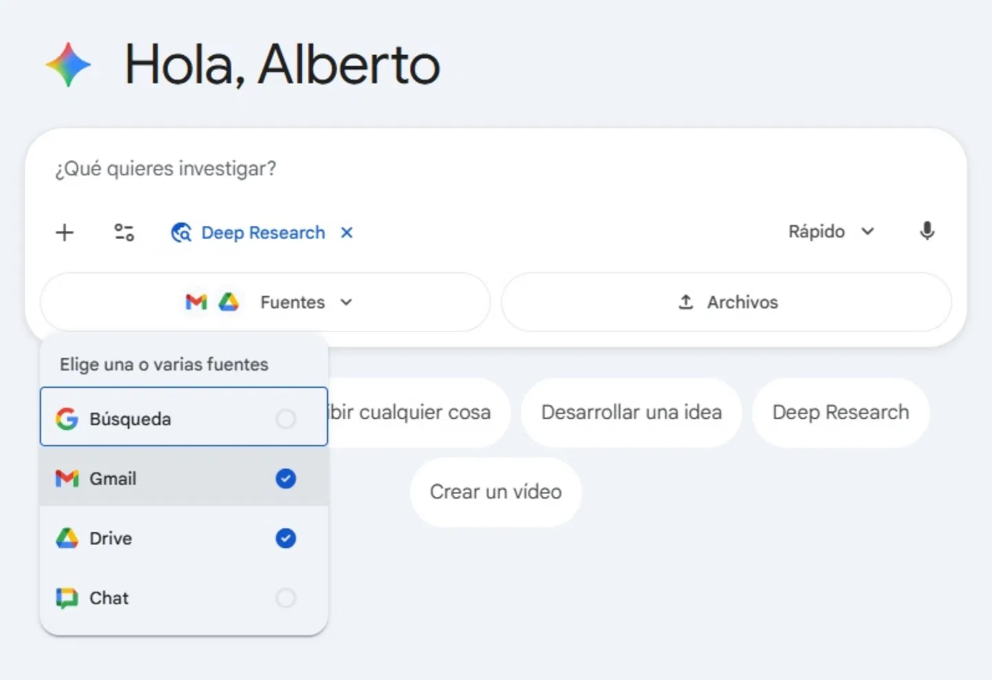 Recherche approfondie sur Gemini dans Google Drive : utilisez la nouvelle IA de Google pour analyser et résumer vos documents 4 Choisissez les sources que Gemini Deep Research utilisera dans cet onglet