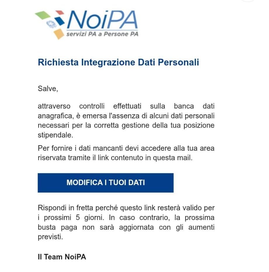 Vous devez mettre à jour vos informations pour ne pas perdre votre augmentation : découvrez comment fonctionne l'escroquerie salariale 3 La mail truffa inviata agli utenti