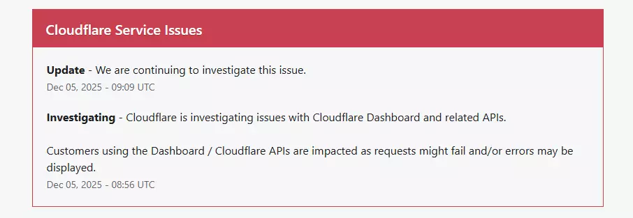 Message de problèmes sur Cloudflare.