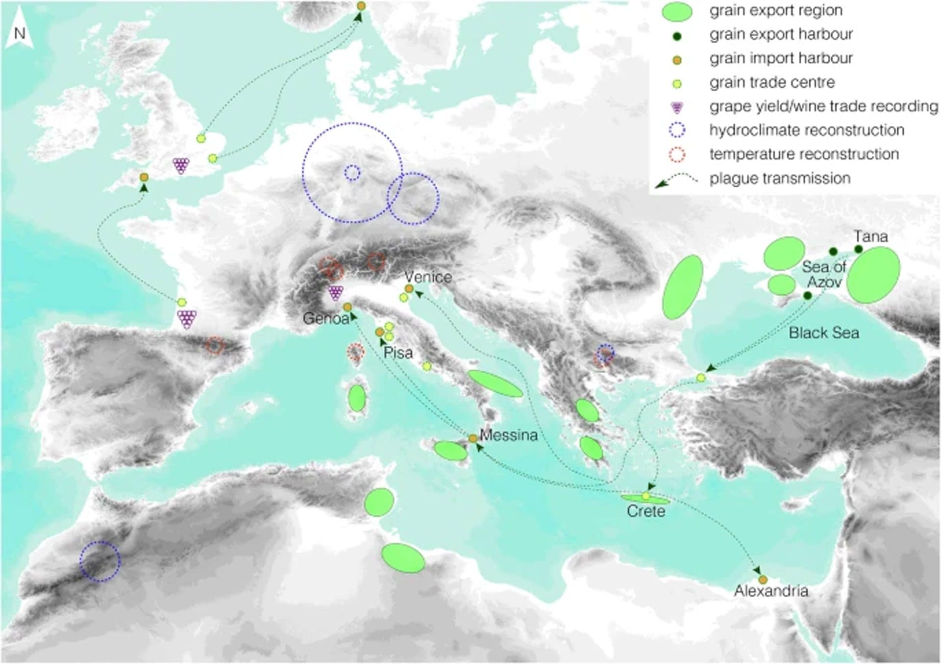 Des éruptions volcaniques oubliées pourraient avoir déclenché la Peste Noire : de nouvelles preuves scientifiques 3 Le réseau commercial du blé de Venise, Gênes et Pise, qui empêcha la majeure partie de l'Italie de mourir de faim en 1347, mais qui apporta également la bactérie de la peste Yersinia pestis dans les ports méditerranéens durant la seconde moitié de 1347. / Crédit : Communications Earth & Environment 2025.